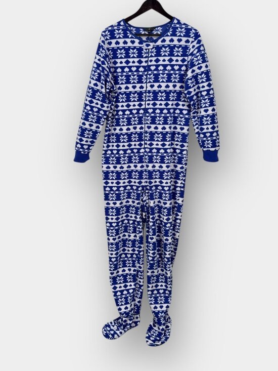 g21 Womens Large Blue Fair Isle Fleece Footed One Piece Pajama Zip Front Gripper - Picture 1 of 15